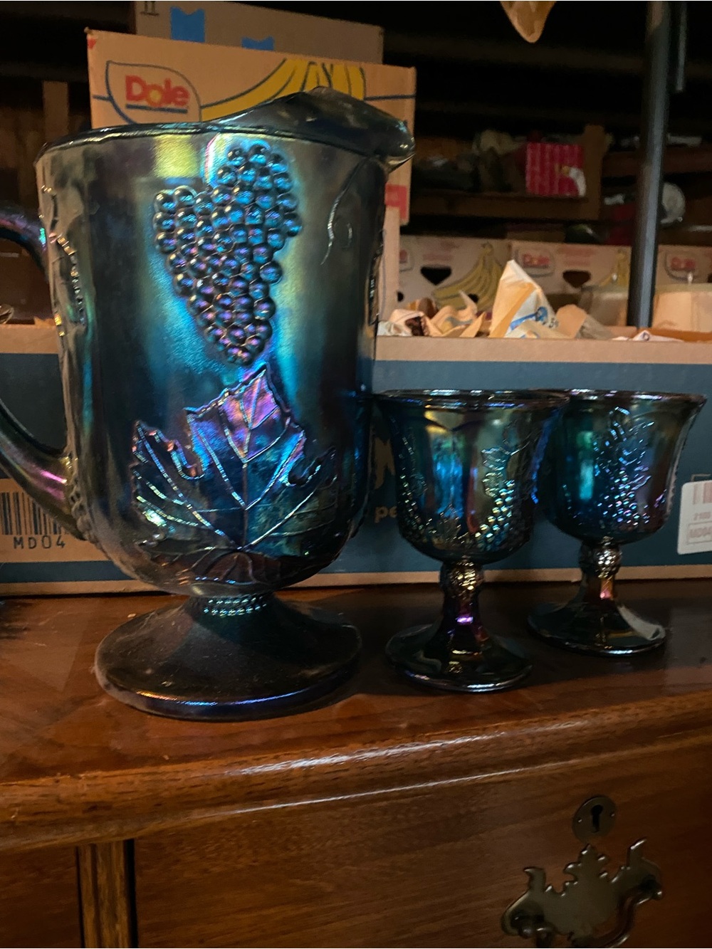 Set of 1970’s Harvest Grape Blue Carnival Glass Pitcher and 8 Goblets